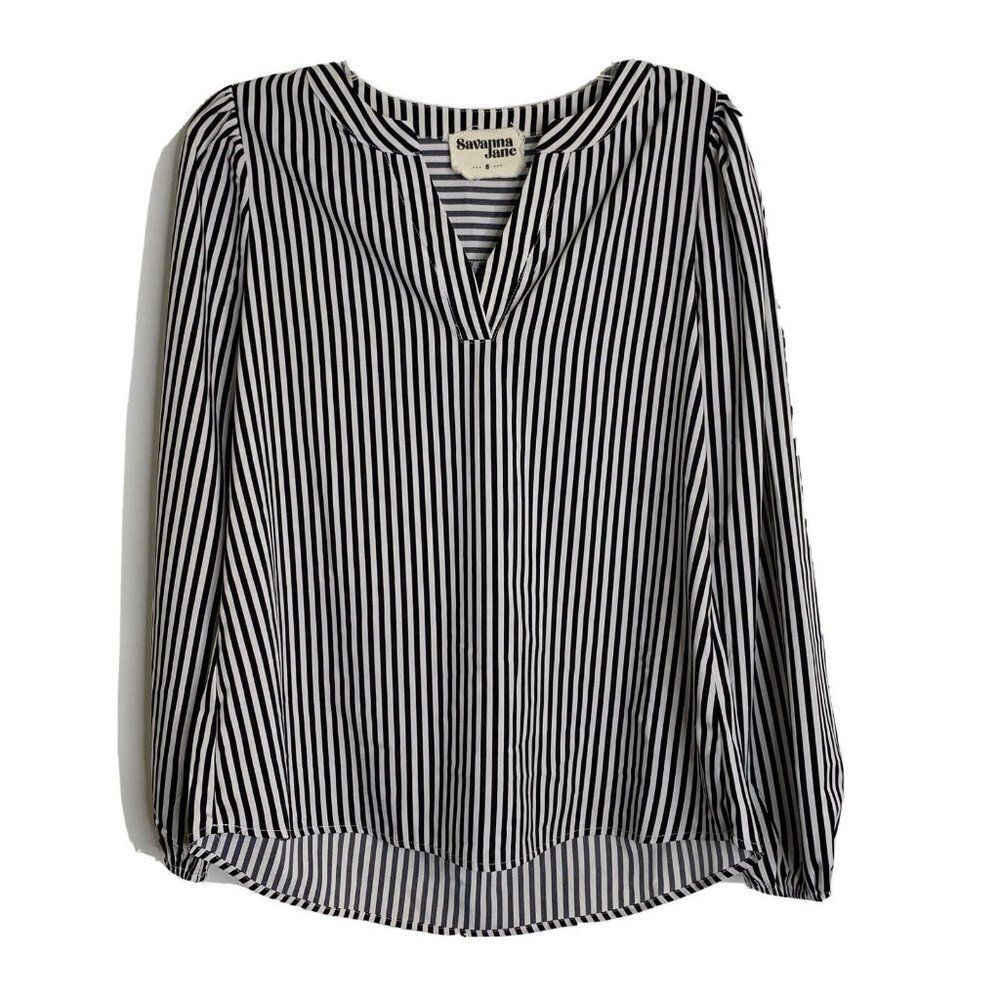 Savanna Jane Women's Popover Top S Black White Long Sleeve Stripe Tunic Blouse